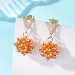 Оранжевый Серьги-гвоздики из натурального и окрашенного нефрита с цветочным рисунком ко Дню святого Валентина, Малайзия., с гальванизированными стеклянными бусинами и 201 фурнитурой для сережек-гвоздиков из нержавеющей стали, золотые, оранжевые, 31x17 мм