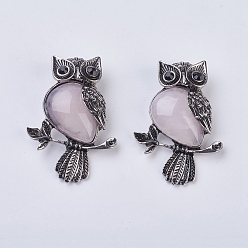 Розовый Кварц Gemstone подвеска, со сплавочной фурнитурой и стразами, сова, 50x35x7.5~9 мм, отверстие : 5x8 мм