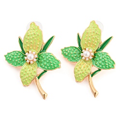 Green Yellow Saint Patrick's Day Theme Zinc Alloy Dangle Stud Earrings, Flower, Green Yellow, 44x30.5mm