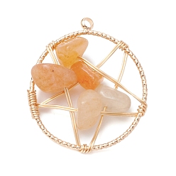 Красный Авантюрин Натуральные красные авантюриновые самородки, медная проволока, плоские круглые подвески, пентаграмма прелести, золотые, 29x25x6~10 мм, отверстие : 1.8 мм