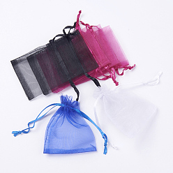 Mixed Color 4 Colors Organza Bags, with Ribbons, Rectangle, Lavender/Medium Violet Red/Blue/Black, Mixed Color, 9~9.5x6.5~7cm, 25pcs/color, 100pcs/set