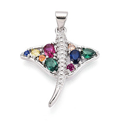 Платина Латунные микро проложить кубического циркония подвески, амулеты манта скат, платина, 24x21.5x3.5 мм, отверстие : 3.5x5~5.5 мм