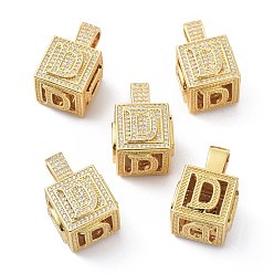 Letter D Кулоны из латуни с микропейвом и прозрачным фианитом, реальный 18 k позолоченный, куб с письмом, letter.d, 26x17x17 мм, отверстие : 5x8 мм