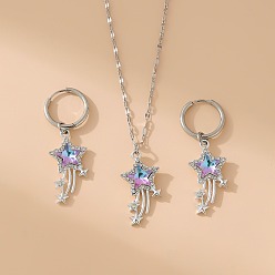 Нержавеющая Сталь Цвет Комплект из ожерелий и серег со звездами и стразами Aolly для женщин, с 304 цепочками из нержавеющей стали и серьгами-кольцами, цвет нержавеющей стали, Ожерелье: 400 mm