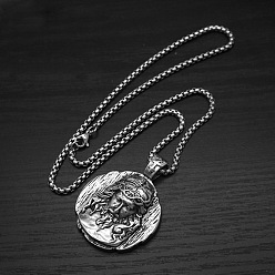 Antique Silver 304 Stainless Steel Embossed Jesus Round Medal Pendant Necklaces for Men, Antique Silver, 23.62 inch(60cm)