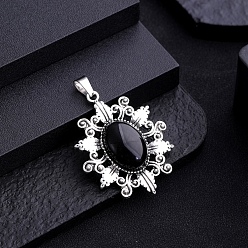 Обсидиан Природные подвески обсидиана, овальные, неокрашенными, платина, 43x32 мм