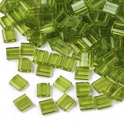 Yellow Green 2-Hole Glass Seed Beads, Transparent Colours, Rectangle, Yellow Green, 5x4.5~5.5x2~2.5mm, Hole: 0.5~0.8mm