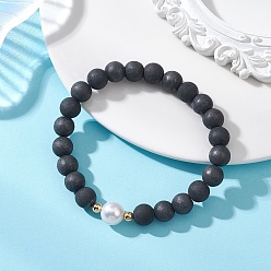 Шунгит Эластичные браслеты из натурального шунгита и культивированного пресноводного жемчуга, на резинке, для женщин., бусины : 8.5 мм, внутренний диаметр: 2.22~2.38 дюйм (5.65~6.05 см)
