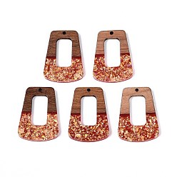 Темно-Красный Подвески из непрозрачной смолы и орехового дерева, трапециевидные подвески, с блестящей пудрой и золотой фольгой, темно-красный, 38x27x3 мм, отверстие : 2 мм