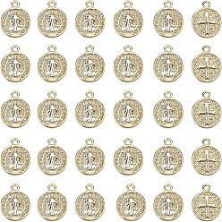 Настоящее золото 18K Латунь прелести, для религии, без никеля , плоский круглый с медалью святого бенедикта, реальный 18 k позолоченный, 13x10.5x1.5 мм, отверстие : 1 мм, 30 шт / коробка