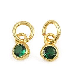 Green Brass Pave Cubic Zirconia Charms, Flat Round Charms, Single Stone Charms, Long-Lasting Plated, Rack Plating, Cadmium Free & Lead Free, Golden, Green, 7x4x2mm, Hole: 3.5mm