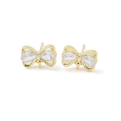 Real 18K Gold Plated Bowknot Brass Stud Earrings Findings, with Glass, Real 18K Gold Plated, 8.5x12.8mm, Pin: 12x0.7mm, Pin: 2x0.9mm(For Half Drilled Beads)