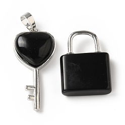 Обсидиан Природные подвески обсидиана, с латунной фурнитурой платинового цвета, Ключ и замок, 27~36.5x17~19.5x6.5~7 мм, отверстие : 8~9x5~9 мм