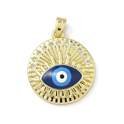 Синий Латунные микропаве прозрачные подвески с фианитом, с эмалью, плоский круглый с оберегом от сглаза, реальный 18 k позолоченный, синие, 22.5x19.5x5 мм, отверстие : 4x2 мм