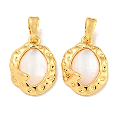 Real 18K Gold Plated Natural Shell Pendants, Brass Textured Oval Charms with Snap on Bails, Real 18K Gold Plated, 16x12x3mm, Hole: 5x2mm