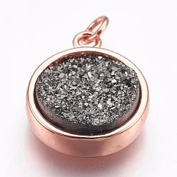 Gray Brass Charms, with Druzy Resin Cabochon, Flat Round, Rose Gold, Gray, 14x11.5x3mm, Hole: 2mm