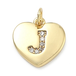 Letter J Латунные микропаве прозрачные подвески с фианитом, сердце прелести, без кадмия и без свинца, стойки покрытие, долговечный, реальный 18 k позолоченный, буква J, 15x15x2 мм, отверстие : 3 мм