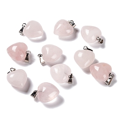 Rose Quartz Natural Rose Quartz Pendants, with Platinum Brass Loops, Puffy Heart, 18~19x15~15.5x6~8mm, Hole: 6x2.5~3mm