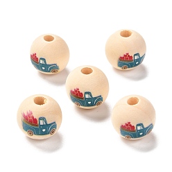 Dodger Blue Printed Wood European Beads, Large Hole Beads, Round with Car and Heart Pattern, Dodger Blue, 16x15mm, Hole: 4mm