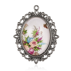 Colorful Flower Photo Glass Oval Pendants, with Alloy Settings, Antique Silver, Colorful, 61x48x9mm, Hole: 3mm