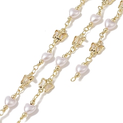 Golden Rack Plating Brass Butterfly Link Chains, with Plastic Pearl Heart Beaded, Unwelded, with Card Paper, Golden, 11x7x2mm