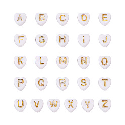 Белый 1000 шт. Гальванические непрозрачные акриловые бусины, сердце со смешанными золотыми буквами, белые, 7x7x4 мм, отверстие : 1.5 мм