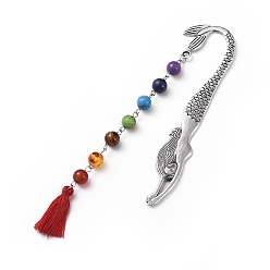 Red Tibetan Style Alloy Bookmarks, with Gemstone Beads Chains, Cotton Thread Tassel Pendant Decorations, Mermaid, Red, 165mm