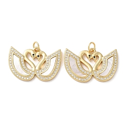 Swan Brass Micro Pave Clear Cubic Zirconia Pendants, with Shell and Jump Ring, Real 18K Gold Plated, Swan, 17x25.5x2.5mm, Hole: 3mm