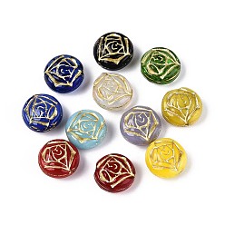 (52) Непрозрачная лаванда Непрозрачные стеклянные бусы, плоские круглые с цветком, золотой металл обвитыми, разноцветные, 13x8 мм, отверстие : 1~1.2 мм