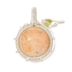 Yellow Hematoid Quartz Natural Yellow Hematoid Quartz Copper Wire Wrapped Pendants, Apple Charms, Silver Color Plated, 23.5~24x20~21.5x12~12.5mm, Hole: 3.5~4.5x2.5~3.5mm