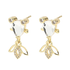 Прозрачный Серьги-гвоздики в форме рыбок из латуни с микропаве из кубических цирконий, со стеклом, стойки покрытие, золотые, прозрачные, 20.5x10.5 мм