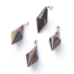 Тигровый глаз Природных тигровый глаз подвески, с платиновыми тонами из латуни, граненые, двухконусные, 45~46x16~17 мм, отверстие : 4.5x4 мм