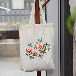 White DIY Peony Pattern Tote Bag Embroidery Kit, including Embroidery Needles & Thread, Cotton Fabric, Plastic Embroidery Hoop, White, 390x340mm