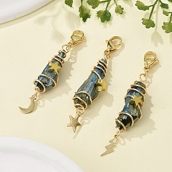 Синий Подвесные украшения из гальванизированного натурального кварцевого кристалла в виде проволоки, с подвесками в виде луны, звезд и молний из нержавеющей стали и застежками-лобстерами, синие, 53~62 мм, 3 шт / комплект