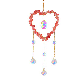 Вишневый Кварц Железные большие подвесные украшения, вишня кварцевое стекло сердце висит ловцы солнца, с медными находками и стеклом, для сада, свадьба, световой орнамент, 465x100 мм