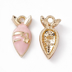 Pink Alloy Enamel Pendants, Golden, Carrot with Rabbit Charm, Pink, 17x8x3.5mm, Hole: 1.8mm
