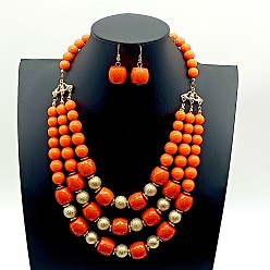 Коралловый Комплекты из многослойных ожерелий и серег с подвесками из акриловых круглых бусин, золотые, коралл, 500 мм