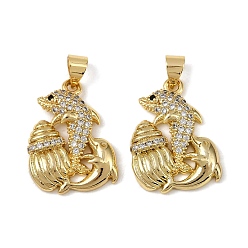 Dolphin Латунные микро проложить кубического циркония подвески, долговечный, без кадмия и без свинца, стойки покрытие, реальный 18 k позолоченный, дельфин, 21.5x16x3 мм, отверстие : 3.5x4.5 мм