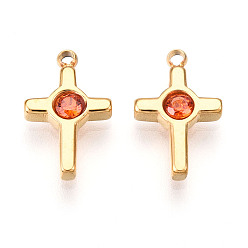 Оранжево-Красный Ионное покрытие (ip) 304 подвески из нержавеющей стали с микропаве из кубического циркония, крестик, реальный 18 k позолоченный, оранжево-красный, 13x8x2.5~3 мм, отверстие : 1.2 мм