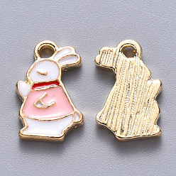 Pink Alloy Enamel Charms, Rabbit, Light Gold, Pink, 14x9x2mm, Hole: 1.5mm