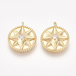Real 18K Gold Plated Brass Charms, with Cubic Zirconia, Flat Round with Star, Clear, Nickel Free, Real 18K Gold Plated, 13.5x11.5x3mm, Hole: 1mm