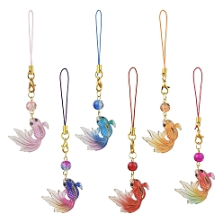 Mixed Color 6Pcs Acrylic & Glass Mobile Straps, Fish, Mixed Color, 115mm