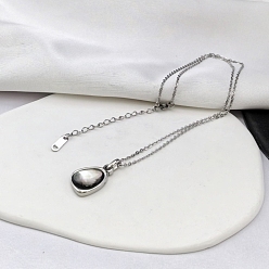 Stainless Steel Color Natural Black Lip Shell 304 Stainless Steel Teardrop Pendant Necklaces for Women, Stainless Steel Color, 15.75 inch(40cm)