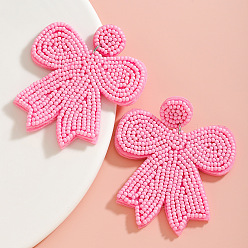 Ярко-Розовый Подвесные серьги-гвоздики в виде бантика из стекла и ткани., ярко-розовый, 63x54 мм