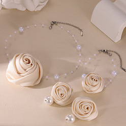 Античный Белый Комплект из ожерелья с подвеской из розовой ткани и пластиковых жемчужных бусин, сережек-гвоздиков и браслетов с подвесками, платина, старинный белый, 360 мм