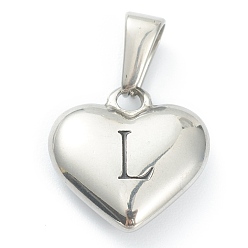 Letter L 304 Stainless Steel Pendants, Heart with Black Letter, Stainless Steel Color, Letter.L, 16x16x4.5mm, Hole: 7x3mm