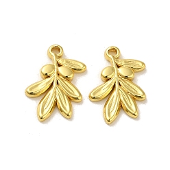 Настоящее золото 18K 304 подвески из нержавеющей стали, лиственные ветки прелести, реальный 18 k позолоченный, 15x10x2 мм, отверстие : 1.2 мм