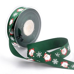 Green Polyester Grosgrain Ribbon, Single Face Printed, for Halloween Gift Wrapping, Party Decoration, Father Christmas & Snowflake Pattern, Green, 1 inch(25mm), 100 yards/roll(91.44m/roll)