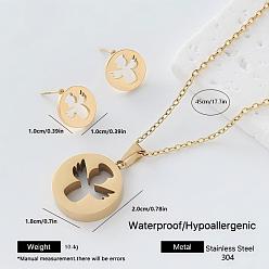 Angel & Fairy 304 Stainless Steel Pendant Necklace & Stud Earrings Set for Women, Golden, Flat Round, Angel & Fairy, 450mm, Pendant: 20x18mm