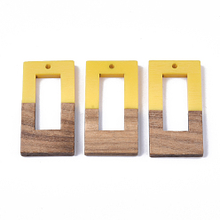 Yellow Resin & Walnut Wood Pendants, Rectangle, Yellow, 38x19.5x4mm, Hole: 2mm